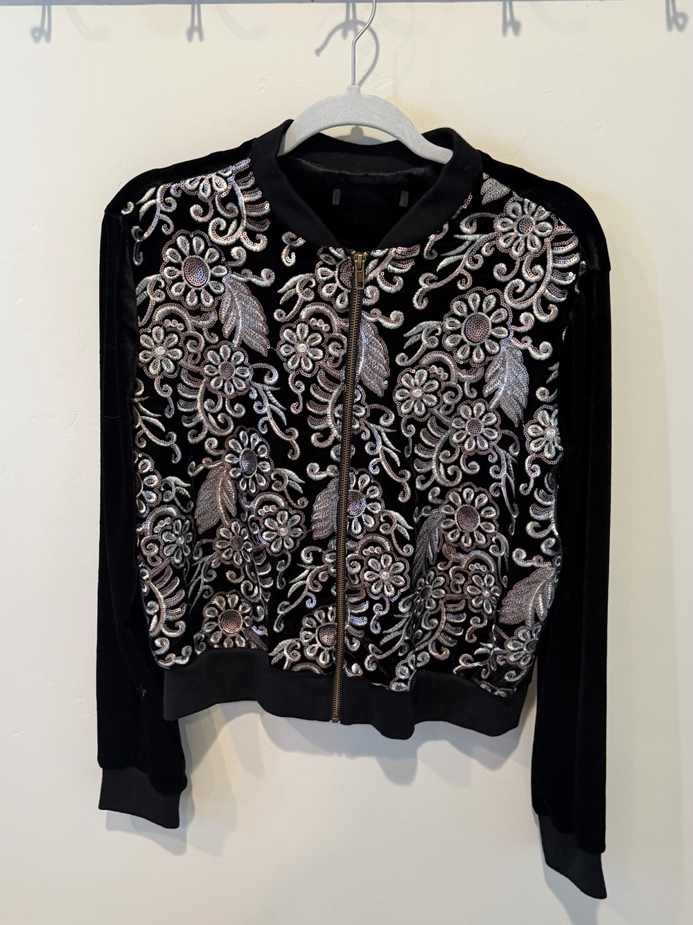 Embroidered Floral Zip-Front Black Velvet Jacket